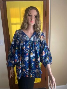 Anoki Floral Blue Puff-Sleeve Women's Blouse